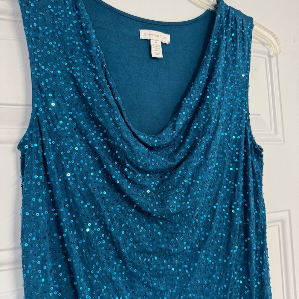 Teal Aqua Blue Sequin Sleeveless Top Knit Back Rounded Cowl Neck